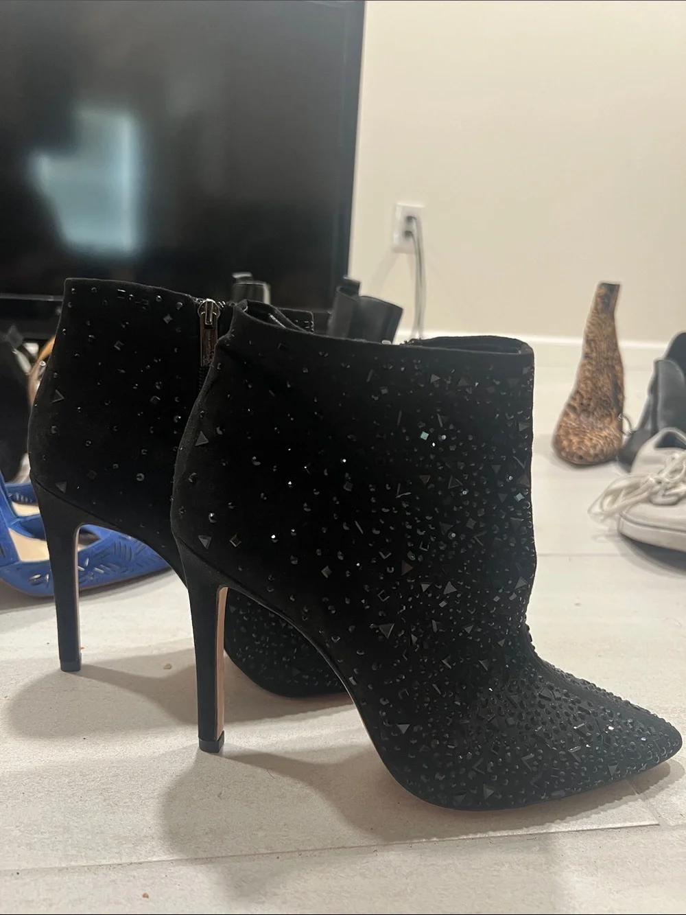 Black Embellished Pointed-Toe Women's Ankle Boots